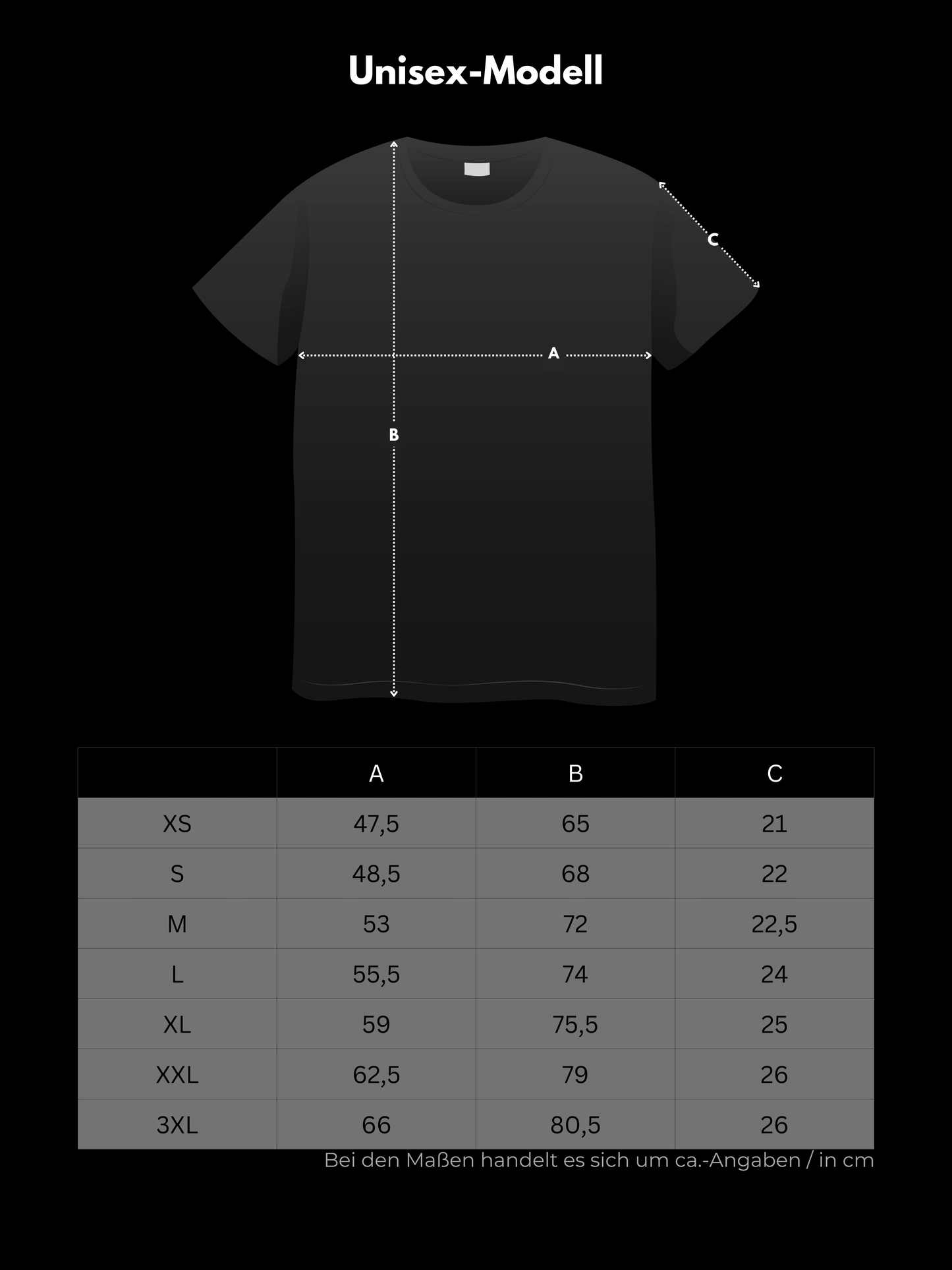 Ausgefallenes schwarzes T-Shirt | Statement Clothing | Größentabelle Unisex